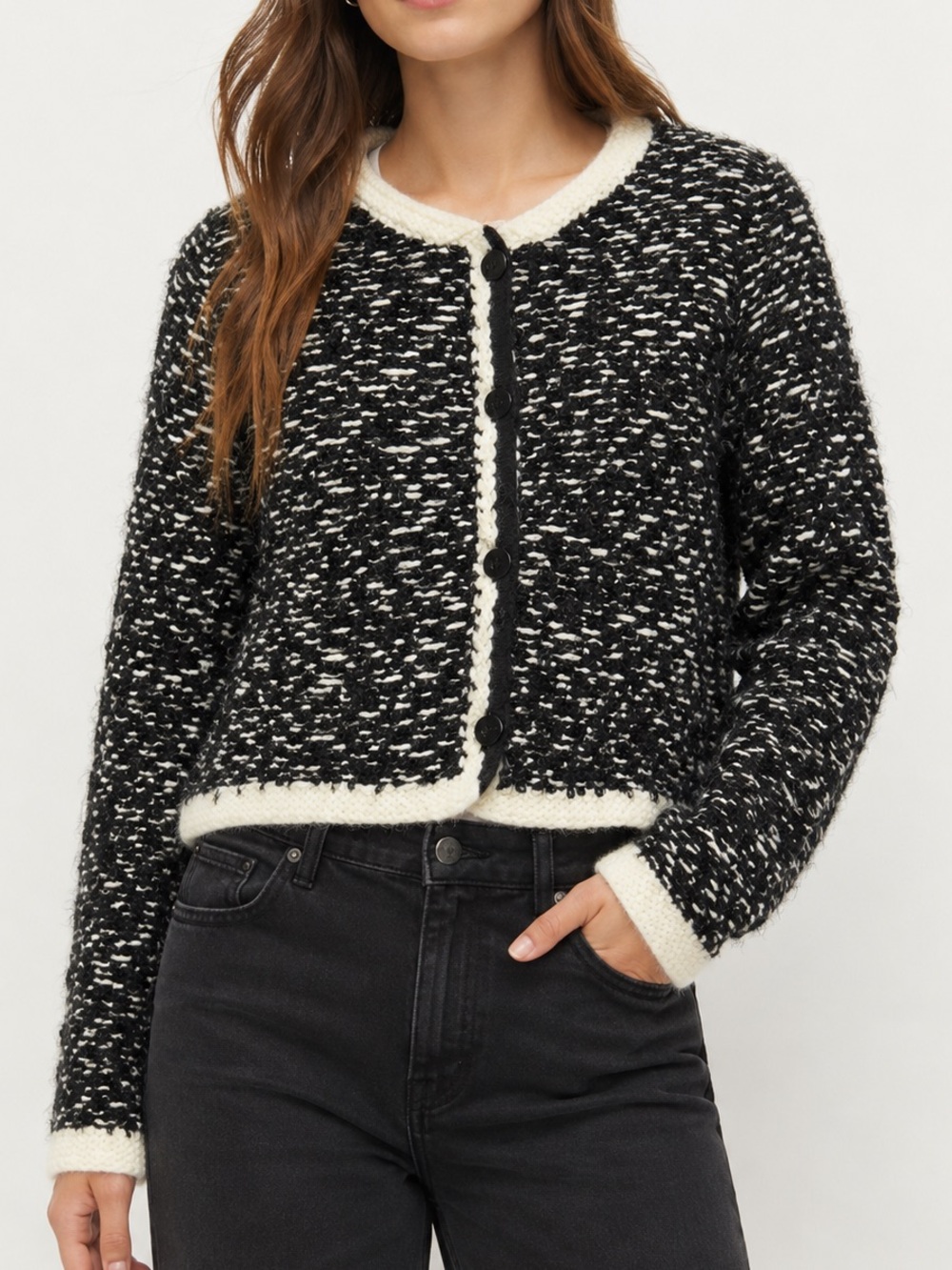 Napa Girls Black White Marled Knit Cardigan Cream Trim Button Front Sweater S